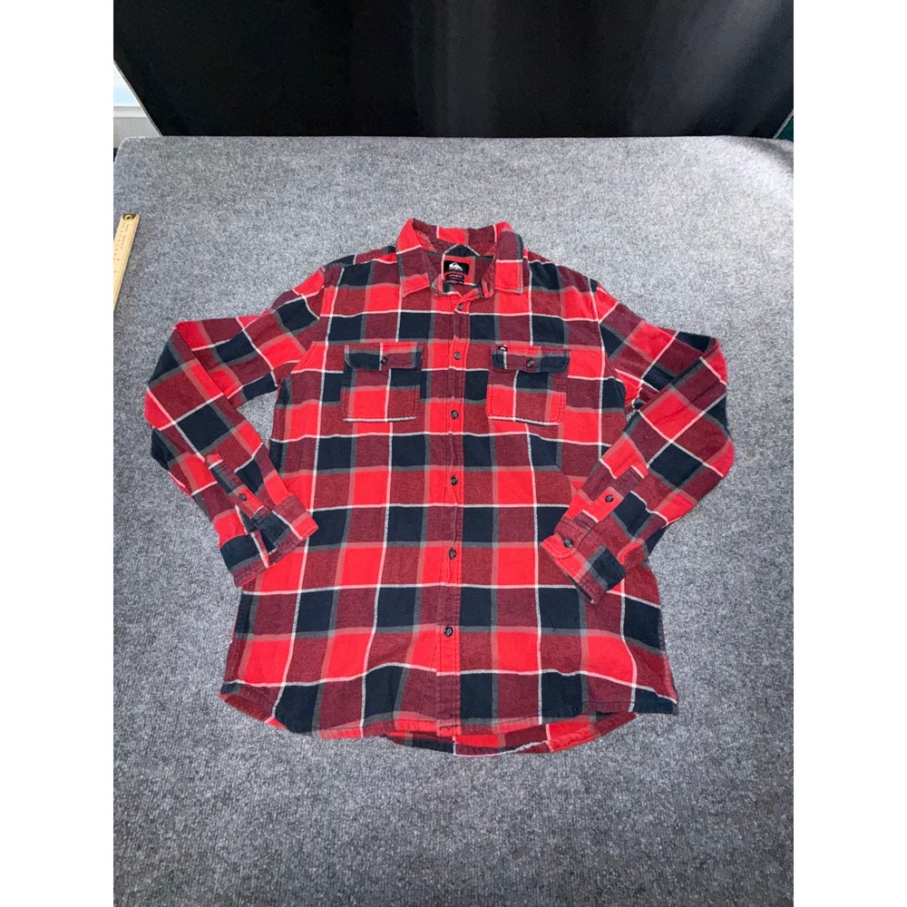 Quiksilver Mens Red Black Plaid Flannel Button Down Shirt Regular Fit Large